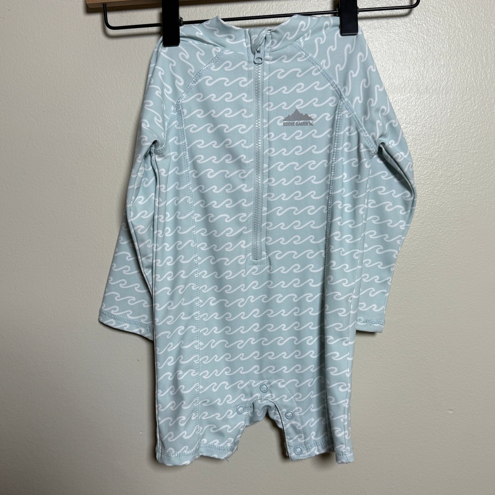 Eddie Bauer Kids Swim Full Bodysuit 18M Blue Wave Print UPF 30 Beach Summer